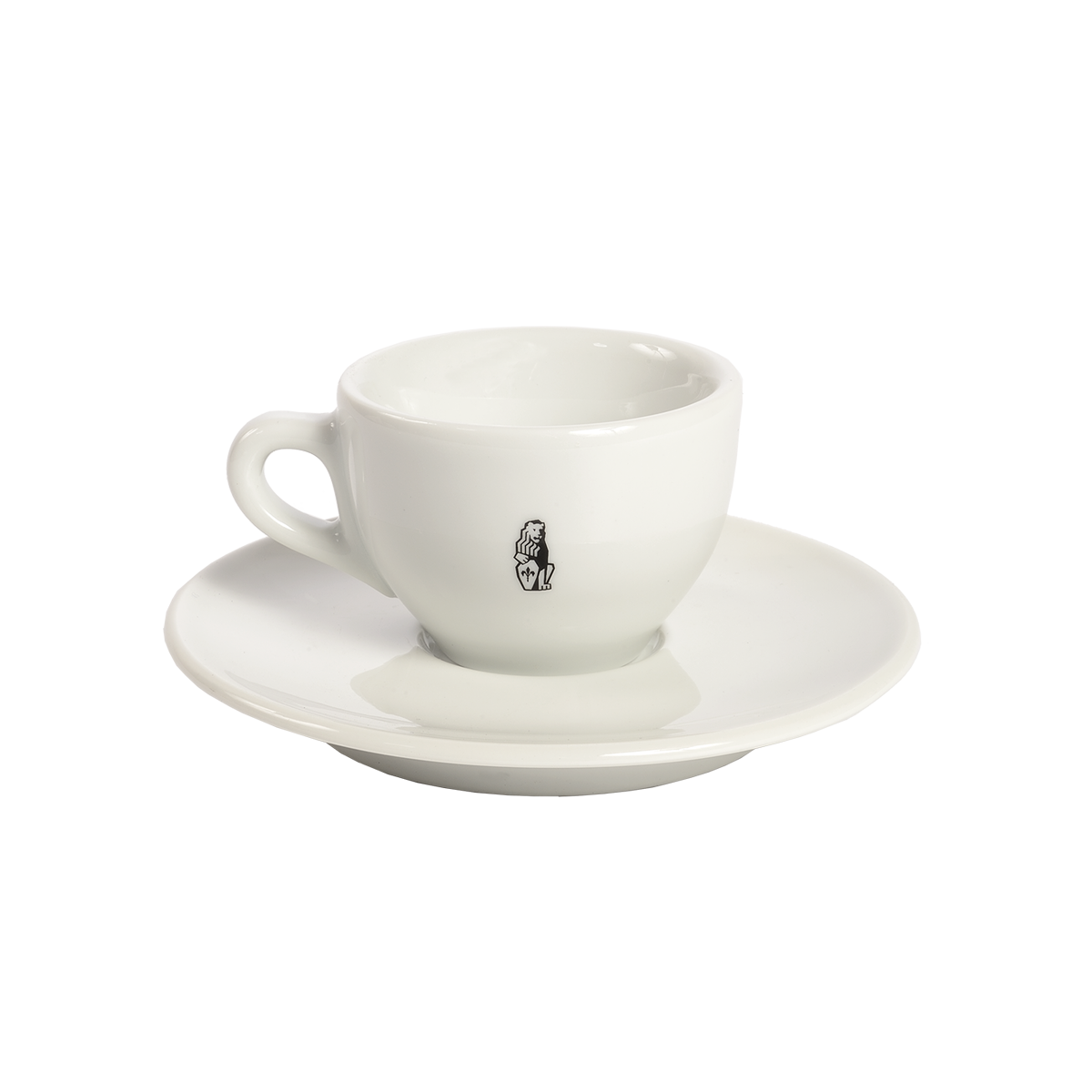Weiße Cappuccino-Tasse mit passender Untertasse aus Porzellan.
