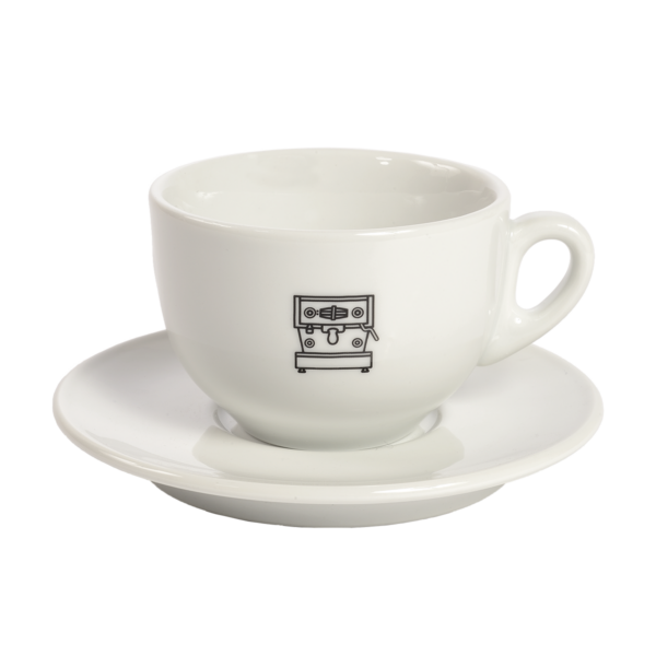 Weiße Cappuccino-Tasse mit passender Untertasse aus Porzellan.