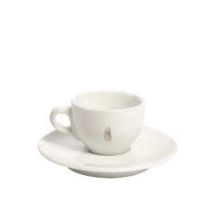 Weiße Espressotasse mit passender Untertasse und La Marzocco Löwen-Logo – ein stilvolles Barista Tool für die klassische Kaffeezubereitung im professionellen oder privaten Café-Equipment. Ideal zur Präsentation hochwertiger Siebträger-Espressi.