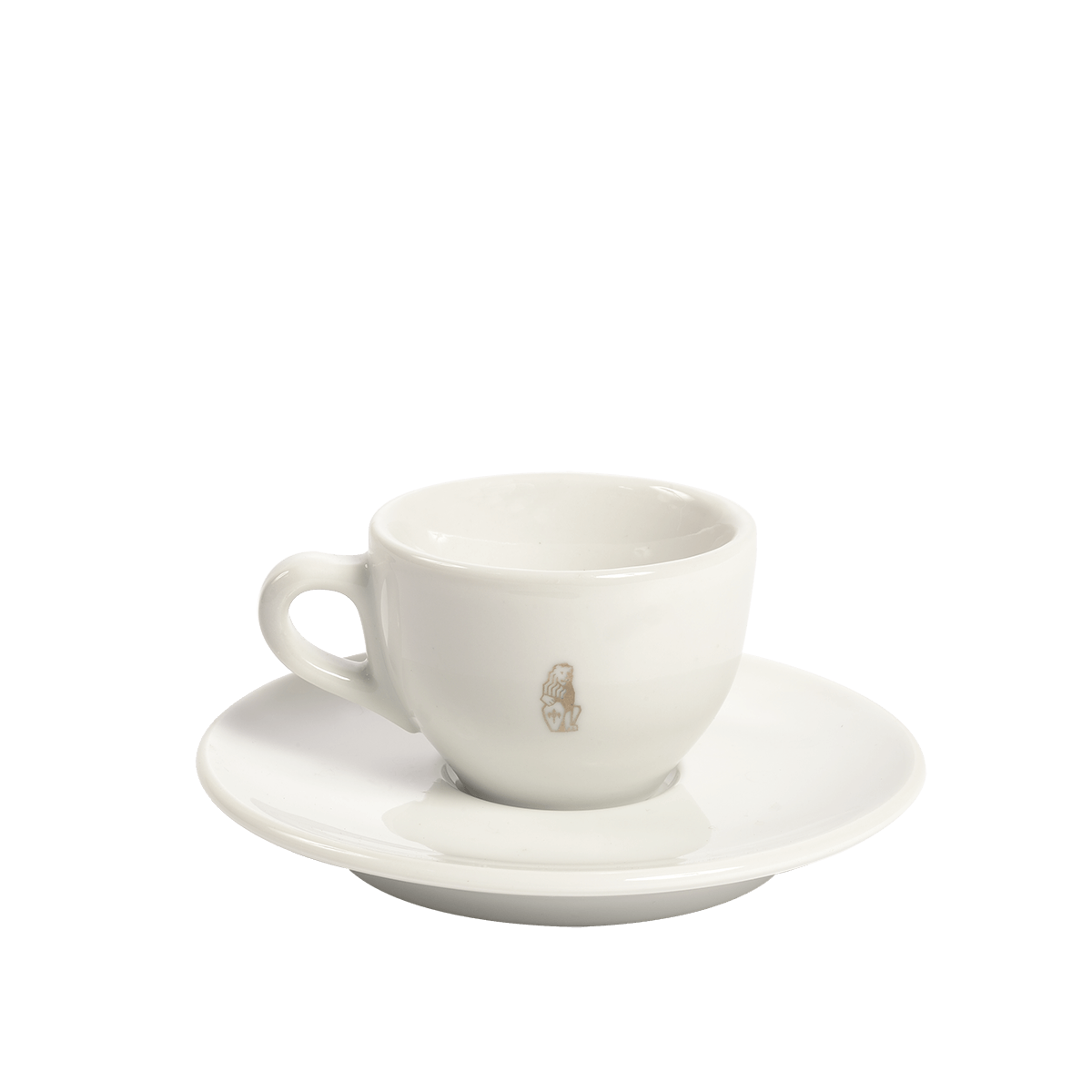 Weiße Espressotasse mit passender Untertasse und La Marzocco Löwen-Logo – ein stilvolles Barista Tool für die klassische Kaffeezubereitung im professionellen oder privaten Café-Equipment. Ideal zur Präsentation hochwertiger Siebträger-Espressi.
