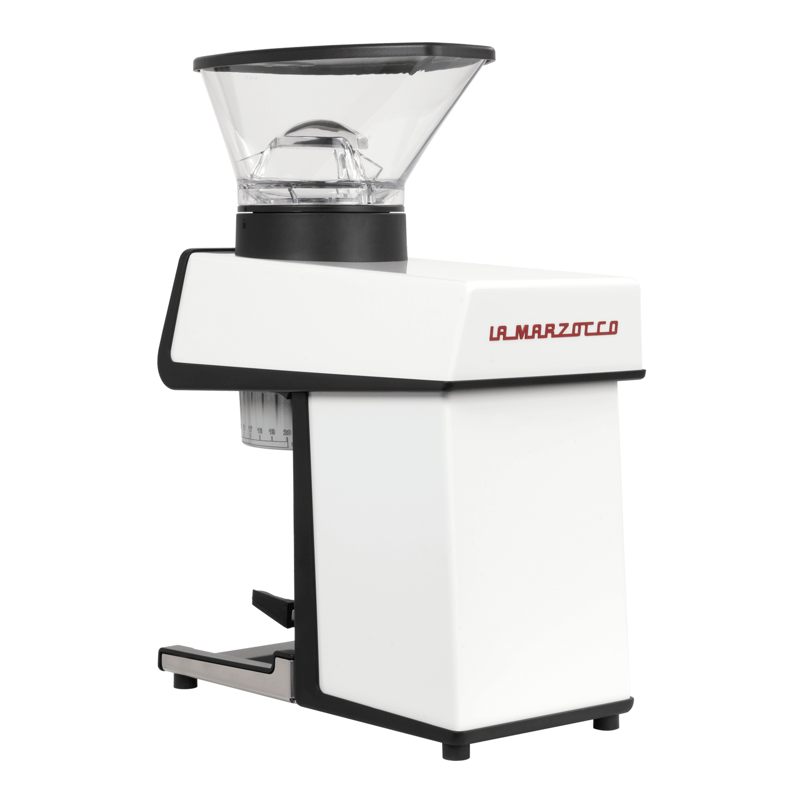 Seitliche Rückansicht der weißen La Marzocco Kaffeemühle – hochwertiges Barista-Zubehör für präzises Mahlen von Kaffeebohnen. Perfekt abgestimmt auf Espressomaschinen und Siebträgermaschinen. Modern, kompakt und leistungsstark für Café und Küche.