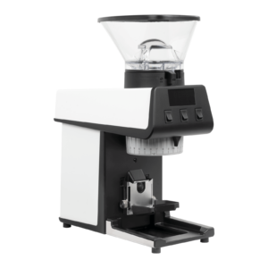 Seitliche Ansicht der La Marzocco Espressomühle in Weiß – präzise Kaffeemühle für Siebträgermaschinen, Kaffeemaschinen und Espressomaschinen. Professionelles Barista-Zubehör für gleichmäßiges Mahlgut und perfekte Extraktion. Stilvoll, kompakt und leistungsstark.