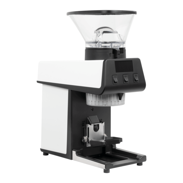 Seitliche Ansicht der La Marzocco Espressomühle in Weiß – präzise Kaffeemühle für Siebträgermaschinen, Kaffeemaschinen und Espressomaschinen. Professionelles Barista-Zubehör für gleichmäßiges Mahlgut und perfekte Extraktion. Stilvoll, kompakt und leistungsstark.
