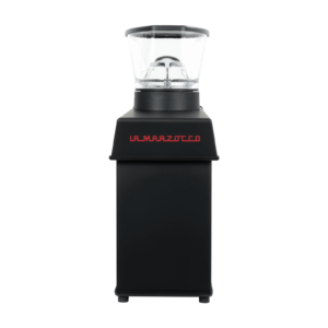 Rückansicht der La Marzocco Kaffeemühle – hochwertiges Design mit markantem Logo. Die perfekte Ergänzung zur Espressomaschine oder Siebträgermaschine. Robuste Bauweise für präzises Mahlen im professionellen oder privaten Barista-Umfeld.